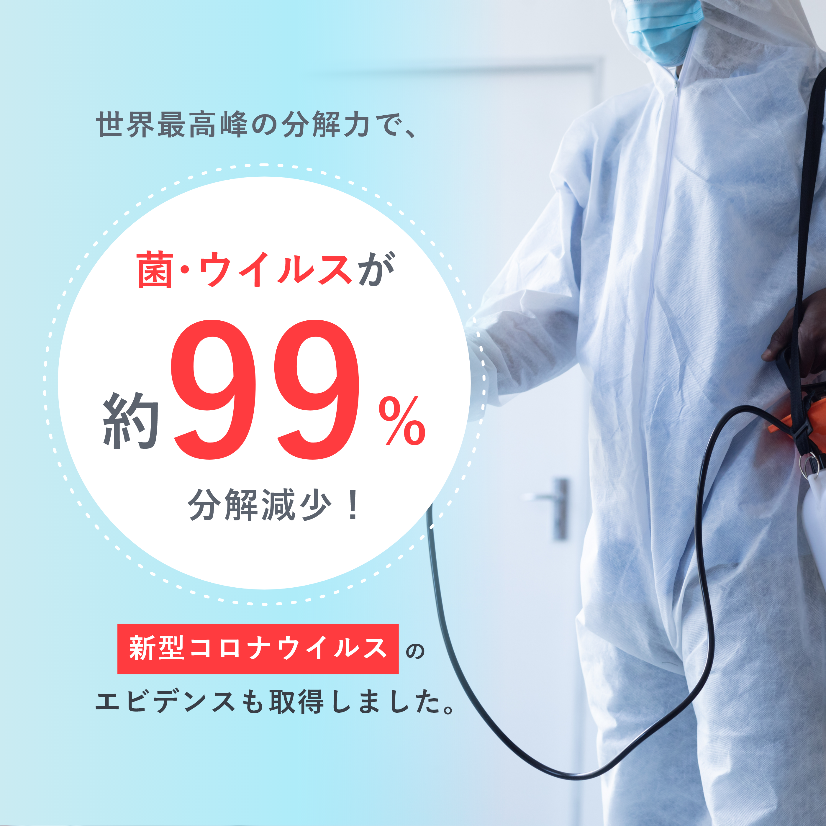 世界最高峰の分解力で、菌･ウイルスが約99%分解減少！新型コロナウイルスのエビデンスも取得しました。